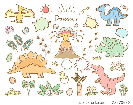 Dinosaur and volcano illustration set Dinosaur and volcano illustration set 128270680