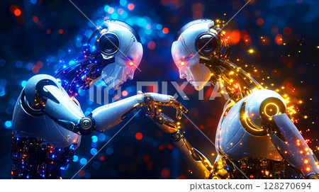 Machine robot learning touching hand together with cyborg in futuristic hand interacting with a glowing digital for symbolizing technology and innovation Machine robot learning touching hand together with cyborg in futuristic hand interacting with a glowing digital for symbolizing technology and innovation 128270694