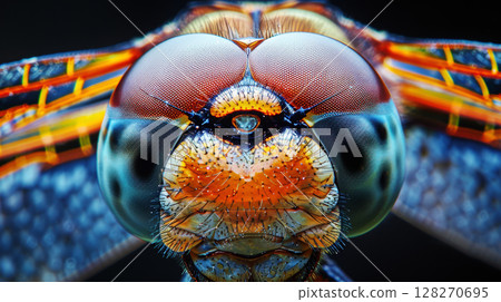 Dragonfly macro and compound eyes with stunning reflections in natural sunlight 128270695
