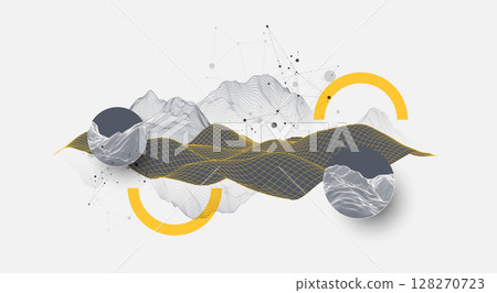The abstract wave is made in a frame style. Template for science and technology presentation. Vector art. 128270723