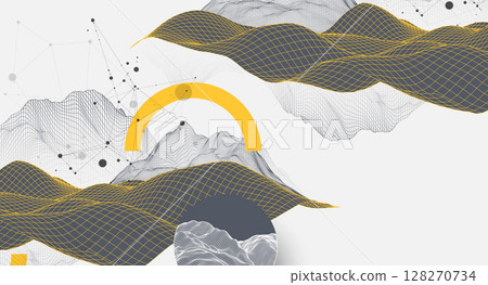 The abstract wave is made in a frame style. Template for science and technology presentation. Vector art. 128270734