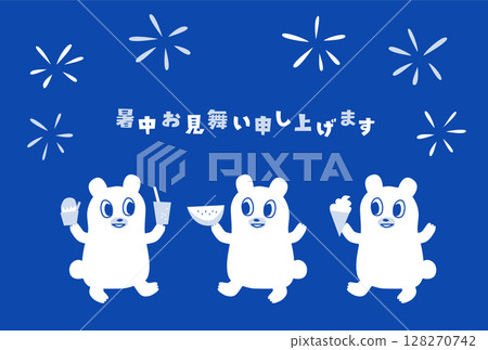 Summer greeting illustration of a bear holding summer sweets (blue) Summer greeting illustration of a bear holding summer sweets (blue) 128270742