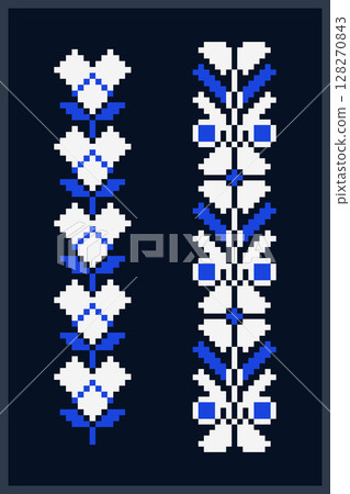 Floral pixelated repeated ornaments on black 128270843