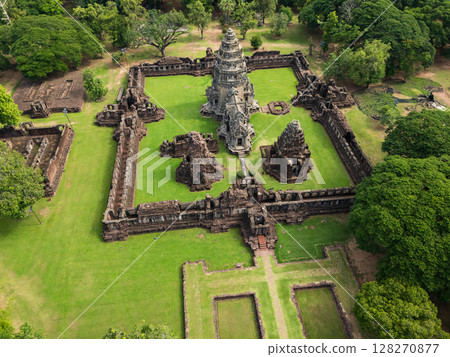 Drone shot the aerial view of Phimai Historical Park. the ancient stone temple Nakhon Ratchasima, Thailand 128270877