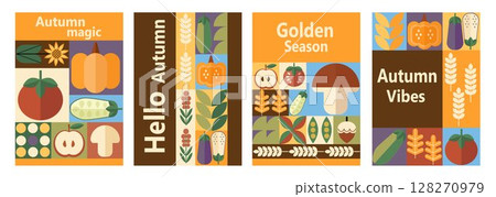 Hello, autumn! Abstract mosaic in Bauhaus style. Geometric shapes in Scandinavian style. Poster for sale, banner, cover, flyer. 128270979