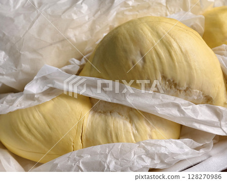 Fresh Durian Mon Thong Flesh Packed in Foam Box. Thai King of Fruits 128270986
