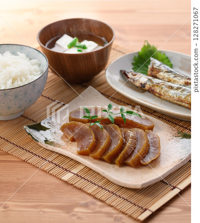 Japanese breakfast set of Nara pickles and grilled saury, served with rice and miso soup Japanese breakfast set of Nara pickles and grilled saury, served with rice and miso soup 128271067