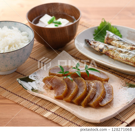 Japanese breakfast set of Nara pickles and grilled saury, served with rice and miso soup Japanese breakfast set of Nara pickles and grilled saury, served with rice and miso soup 128271068