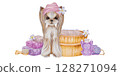 Watercolor illustration of small white dog sitting in bathtub with pink towel and bottle of shampoo Nearby there is wooden bathtub with foam, and there are items for care and spa procedures for animal 128271094