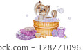 Watercolor illustration of a small dog sitting in a bubble bath. Nearby are towels, a bath brush, shampoo and hygiene items. on a white background. illustration for business cards, banners, postcards 128271096