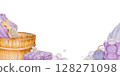 Watercolor illustration of a banner with a violet background made by hand -drawn foam. accessories for washing and accepting the bathroom. Soap bubbles around the frame. for the design and design of i 128271098