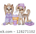 Watercolor Illustration of Two Dogs Small Dogs on Wooden Foam Bath Background . The dog on the right is dressed in a bathrobe, the dog on the left is in a bath turban, next to it there are towels, a w 128271102