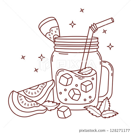 Outline Guava Drink with ice cubes in mason jar and tropical Fruit slices. Summer Refreshing Cocktail, smoothie with straw and Mint leaves. Line drawing, coloring book. Vector illustration Outline Guava Drink with ice cubes in mason jar and tropical Fruit slices. Summer Refreshing Cocktail, smoothie with straw and Mint leaves. Line drawing, coloring book. Vector illustration 128271177