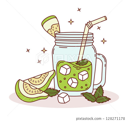 Guava green Drink with ice cubes in clear in mason jar and tropical Fruit slices. Summer Refreshing Cocktail with straw and Mint. Vector Illustration smoothie for ads, promotion, marketing, banner 128271178