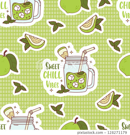 Seamless Pattern. Guava Green Drink smoothie in mason jar with ice cubes on checkered Background with tropical Fruit, white slices and Mint leaves. Summer Cocktail with quote. Vector illustration 128271179