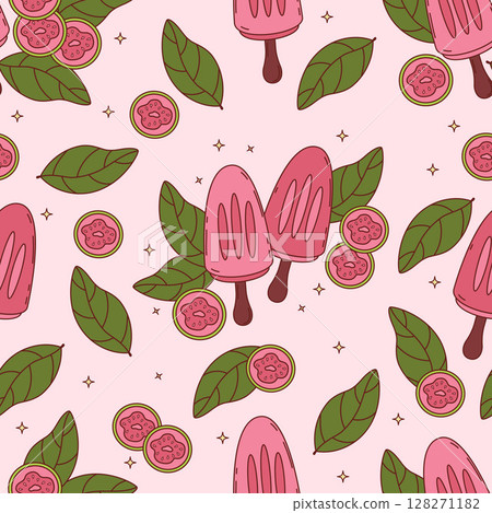 Seamless Pattern. Guava ice cream stick and tropical fruit slices with leaves on Pink Background. Summer Exotic Refreshing sweet food dessert. Vector illustration Seamless Pattern. Guava ice cream stick and tropical fruit slices with leaves on Pink Background. Summer Exotic Refreshing sweet food dessert. Vector illustration 128271182
