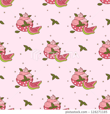 Seamless Pattern with Guava Creamy sweet dessert ice cream on Pink Background with tropical Fruit slices and Mint leaves. Summer Refreshing Exotic food. Vector illustration 128271185