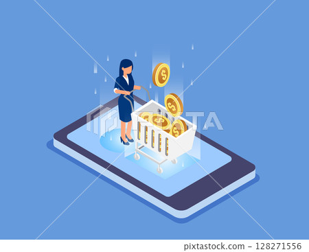 Investment, businessman pushing cart standing on mobile phone to harvest gold coins. Flat isometric vector concept 128271556