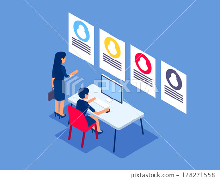 Recruitment, resume screening. Flat isometric vector concept Recruitment, resume screening. Flat isometric vector concept 128271558
