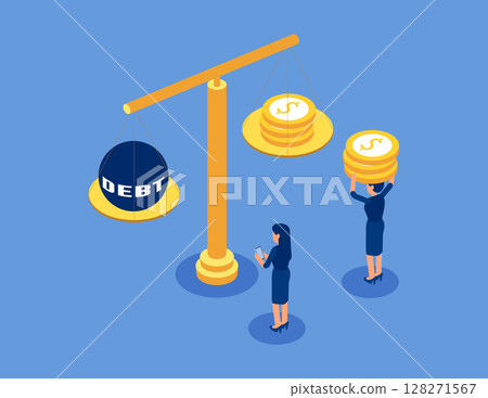 Weighing, balance, debt statistics. Flat isometric vector concept Weighing, balance, debt statistics. Flat isometric vector concept 128271567