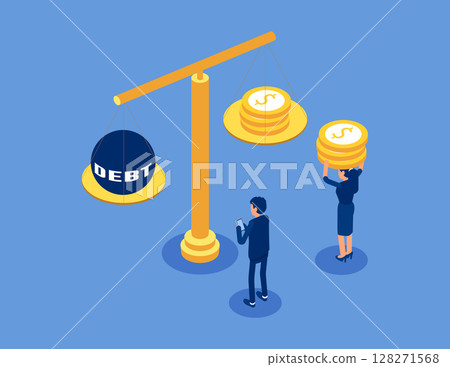 Weighing, balance, debt statistics. Flat isometric vector concept 128271568