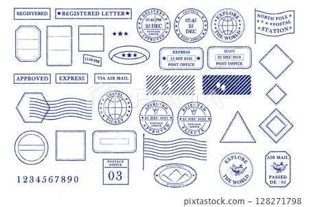 Blank blue postage rubber stamps. Mockup office stamp. Clean post postmark template. Vintage style sticker collection, travel destination mail, tourism, mountain, summer, sun theme Vector illustration 128271798
