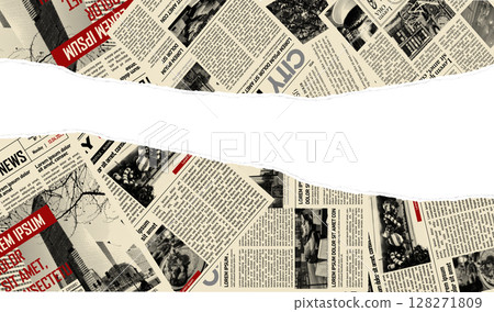 Torn newspaper border banner. Jagged edges. Collage halftone elements. Frame and place fo text. Concept from paper scraps on white background. Trendy design template. Vector illustration Torn newspaper border banner. Jagged edges. Collage halftone elements. Frame and place fo text. Concept from paper scraps on white background. Trendy design template. Vector illustration 128271809