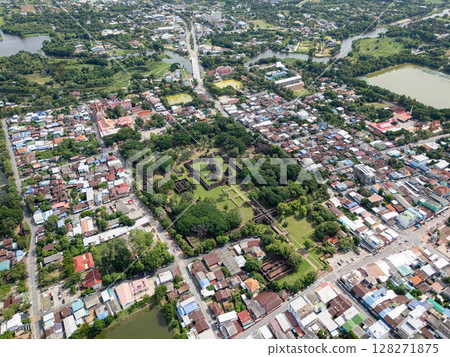 Drone shot the aerial view of Phimai Historical Park. the ancient stone temple Nakhon Ratchasima, Thailand 128271875