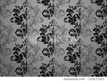 Wallpaper in the style of Baroque. Gray and black floral ornament. Seamless vector background. Graphic pattern for fabric, wallpaper, packaging. Ornate Damask flower illustration Wallpaper in the style of Baroque. Gray and black floral ornament. Seamless vector background. Graphic pattern for fabric, wallpaper, packaging. Ornate Damask flower illustration 128271925