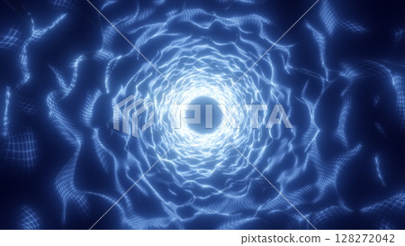 Blue glowing energy portal with wireframe mesh structure, forming a bright circular tunnel of light Blue glowing energy portal with wireframe mesh structure, forming a bright circular tunnel of light 128272042