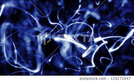 Abstract blue light trails and particles floating through a dark digital space in motion Abstract blue light trails and particles floating through a dark digital space in motion 128272047