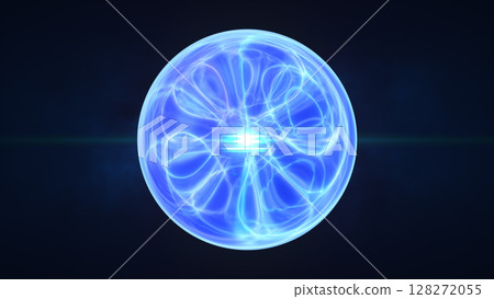 Transparent blue energy orb with subtle internal flows and glowing center on a dark 128272055