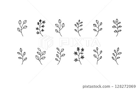 Delicate Botanical Sprigs Set. A charming group of delicate floral sprigs in fine line style for natural and minimalist artwork. 128272069