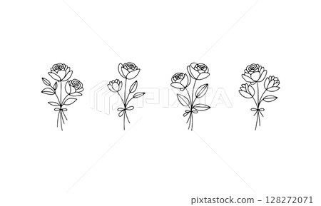Delicate Garden Roses. A composition of hand-drawn blooming roses with fine details and elegant strokes, capturing timeless botanical beauty. 128272071