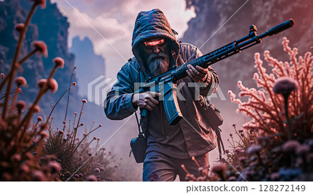 A running infantryman with a rifle in his hands.  A soldier in tactical gear, hood and goggles runs with a rifle in his hands, moving through a surreal landscape. 128272149