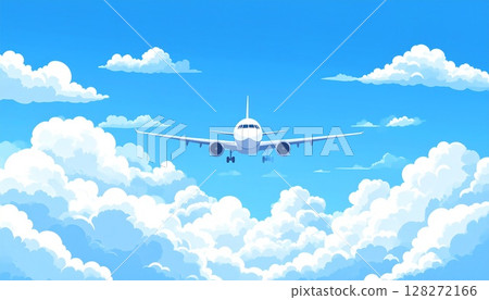 Background illustration of an airplane flying above the clouds 128272166