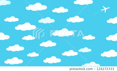 Illustration of an airplane flying in the blue sky with clouds background Illustration of an airplane flying in the blue sky with clouds background 128272333