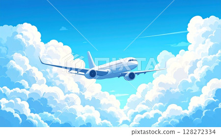 Illustration of an airplane flying in the blue sky with clouds background Illustration of an airplane flying in the blue sky with clouds background 128272334