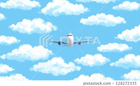 一架飛機在藍天白雲背景下飛行的插圖 128272335