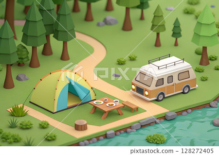 河邊的露營車、帳篷和桌子 河邊的露營車、帳篷和桌子 128272405