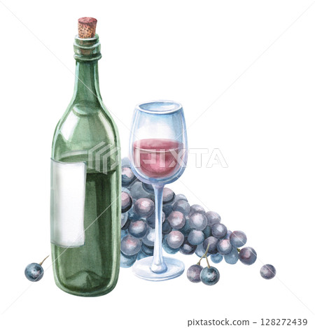 Glass of red wine, bottle and bunch of grapes. Isolated watercolor illustration for bar menu design, restaurant interior, printing on alcoholic beverages, printing on textiles. Glass of red wine, bottle and bunch of grapes. Isolated watercolor illustration for bar menu design, restaurant interior, printing on alcoholic beverages, printing on textiles. 128272439