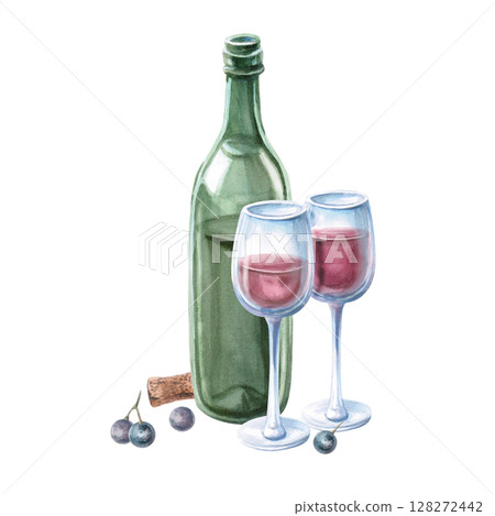 Composition of a bottle, two glasses of red wine and grapes. Isolated watercolor illustration for bar menu design, restaurant interior, printing on alcoholic beverages, printing on textiles. Composition of a bottle, two glasses of red wine and grapes. Isolated watercolor illustration for bar menu design, restaurant interior, printing on alcoholic beverages, printing on textiles. 128272442