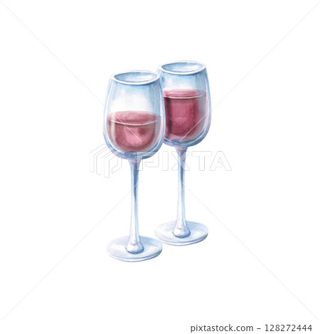 Composition of two glasses of red wine. Isolated watercolor illustration for bar menu design, restaurant interior, printing on alcoholic products, printing on textiles and posters. Composition of two glasses of red wine. Isolated watercolor illustration for bar menu design, restaurant interior, printing on alcoholic products, printing on textiles and posters. 128272444