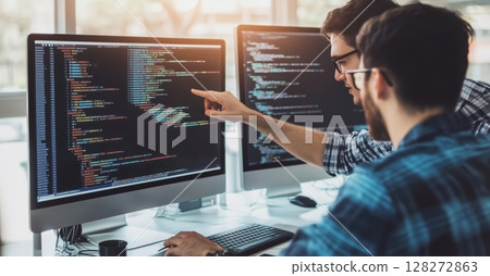 Two Developers Collaborate on Coding Project in Modern Office During Daytime 128272863