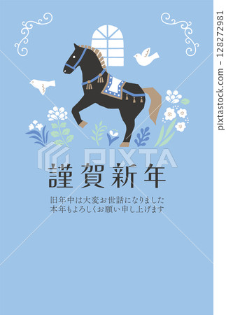 優雅的新年賀卡模板,帶有黑馬和鮮花 優雅的新年賀卡模板,帶有黑馬和鮮花 128272981