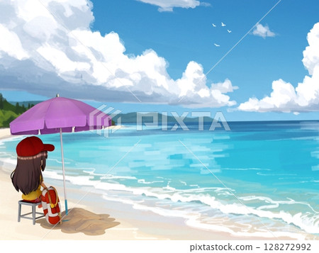 A woman on a summer beach in the afternoon gazing at the ocean in the distance 128272992