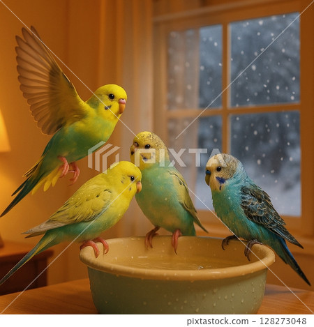 虎皮鸚鵡在冬季主題房間內享受沐浴 128273048