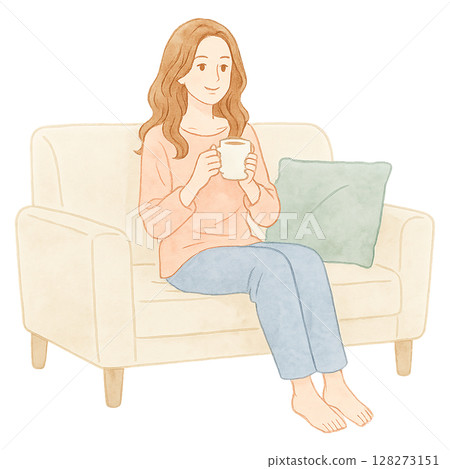 Woman on sofa relaxing coffee watercolor illustration 128273151