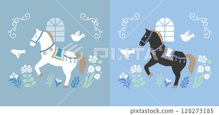 Elegant black and white horse with flowers and two birds Elegant black and white horse with flowers and two birds 128273185