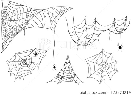 Spiderweb corner line border, gothic scary hanging net frame. Simple spooky halloween decoration. Cobweb spider trap. 128273219